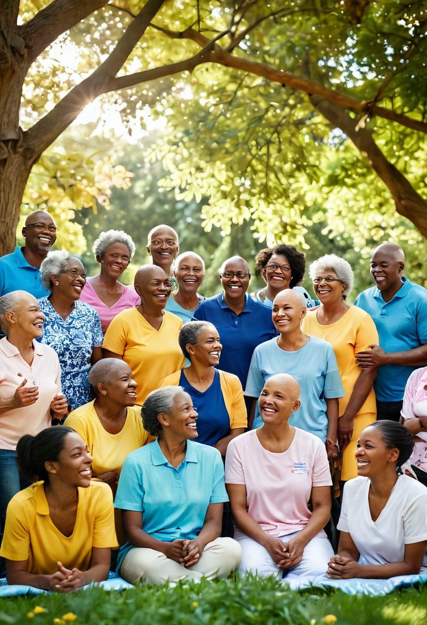 A warm and inviting scene depicting a diverse group of cancer survivors and their support network gathered in a vibrant park, sharing laughter and stories. The backdrop features colorful banners of hope and unity, while sunlight filters through lush trees, illuminating their joyful faces. Include elements of nature, like flowers and butterflies, symbolizing resilience and rebirth. super-realistic. vibrant colors. soft focus.