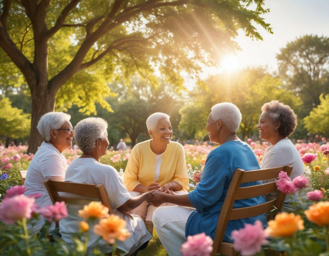 A hopeful scene depicting a diverse group of cancer survivors in a serene park, engaging in a supportive group activity surrounded by vibrant flowers and trees. Show them sharing stories, smiles, and encouragement, symbolizing strength and unity. In the background, a bright sun casts warm light over the gathering, creating an atmosphere of hope and resilience. Include soft pastel colors to evoke calmness and positivity. super-realistic. vibrant colors.